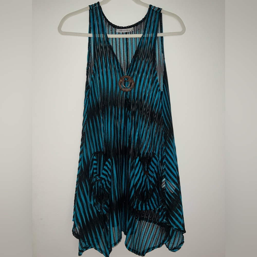Paradise USA Teal and Black Striped Breathable and Flattering Mesh Coverup XS/S